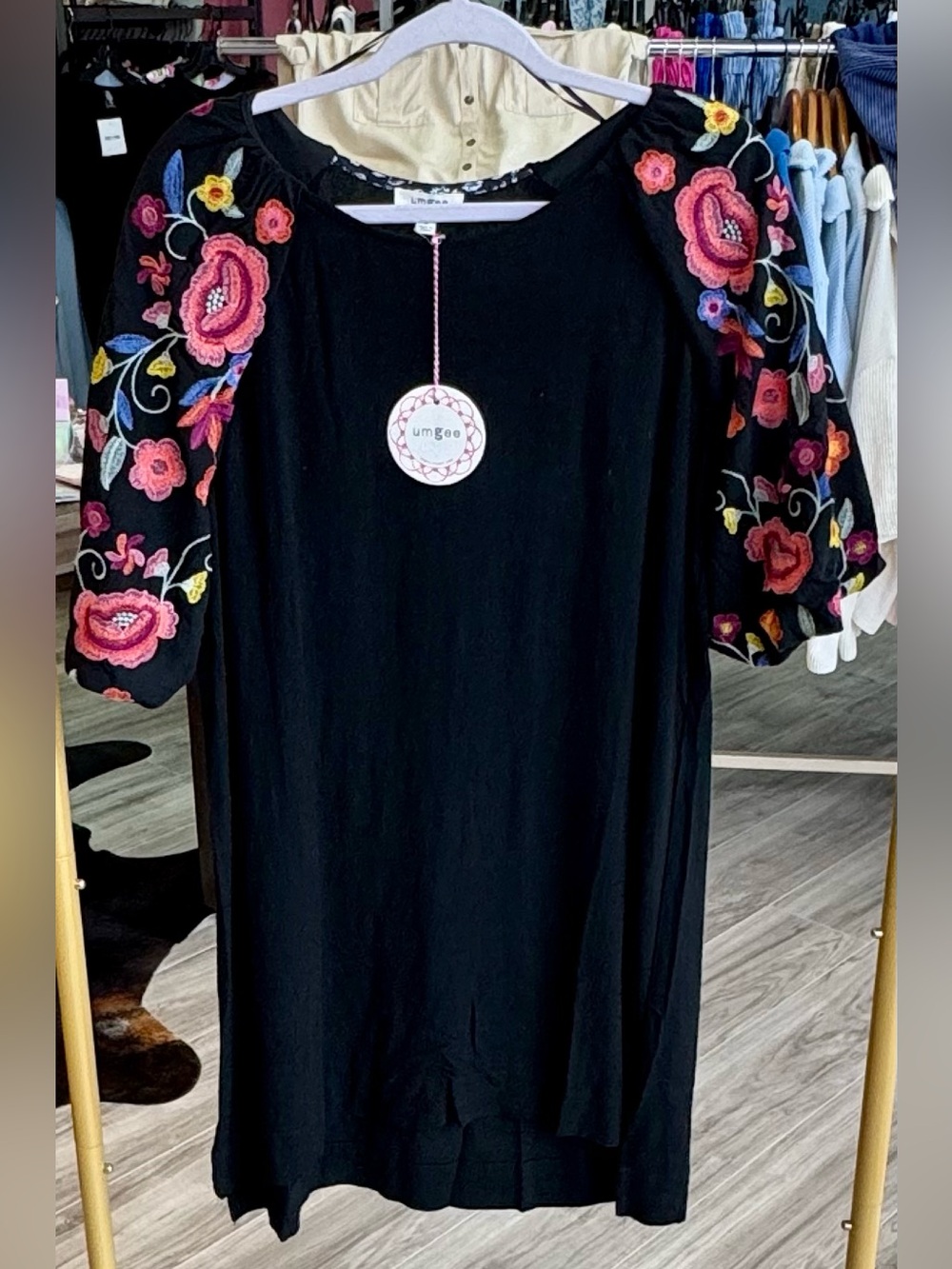 Umgee Black Dress with Pink, Red and Yellow Floral Embroidered Puff Sleeves